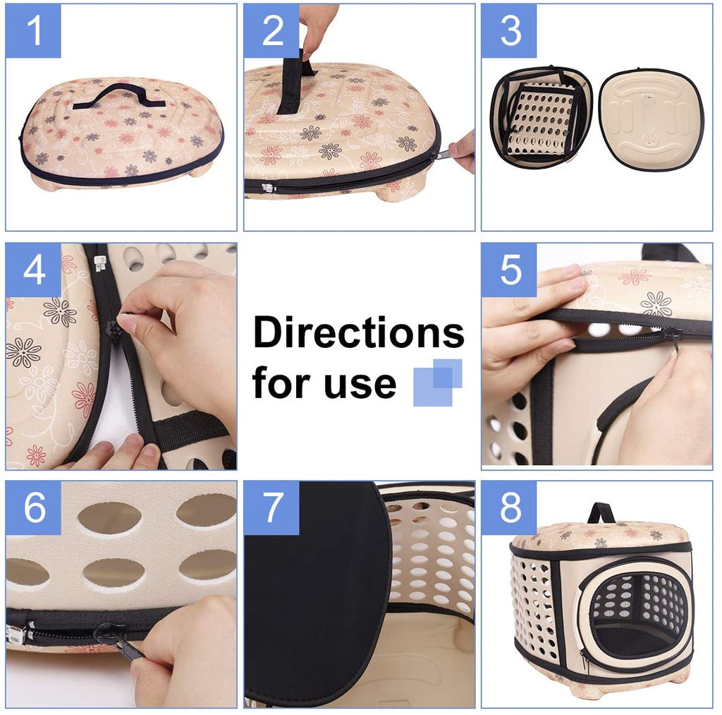 Step-by-step guide on how to use a pet carrier with images and text.