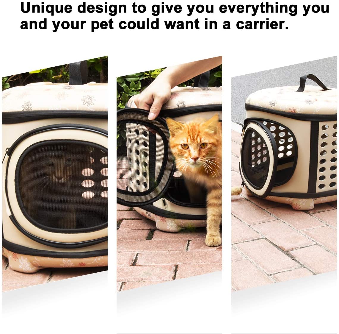 Pet carrier with a cat inside, shown from different angles with text highlighting its unique design.