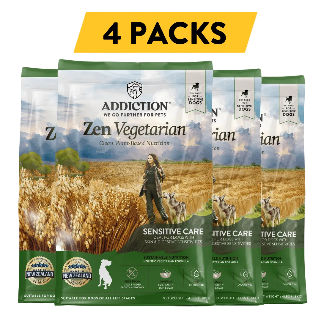 Addiction Zen Vegetarian dog food packages with a yellow '4 Packs' label on a white background