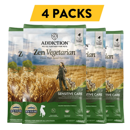 Addiction Zen Vegetarian dog food packages with a yellow '4 Packs' label on a white background