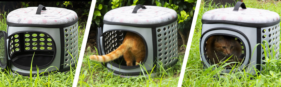 Three views of a pet carrier with a cat inside, set against a grassy background.