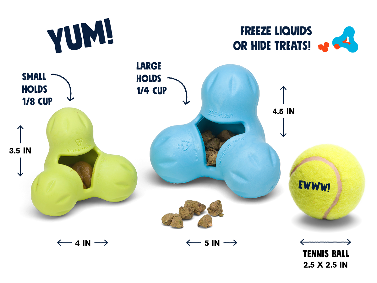 Dog toys with measurements and a tennis ball on a white background