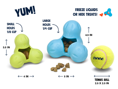 Dog toys with measurements and a tennis ball on a white background