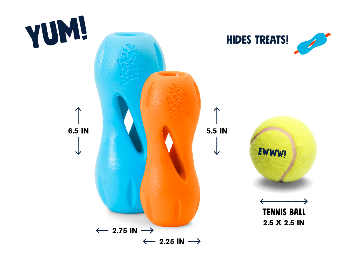 Two dog toys, one blue and one orange, with a tennis ball labeled 'WWWW!' on a white background.