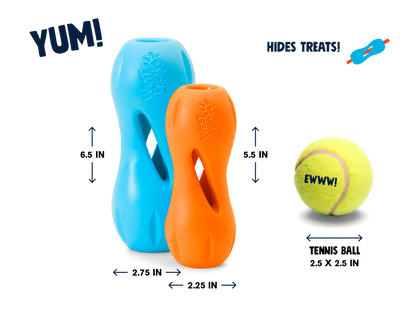 Two dog toys, one blue and one orange, with a tennis ball labeled 'WWWW!' on a white background.