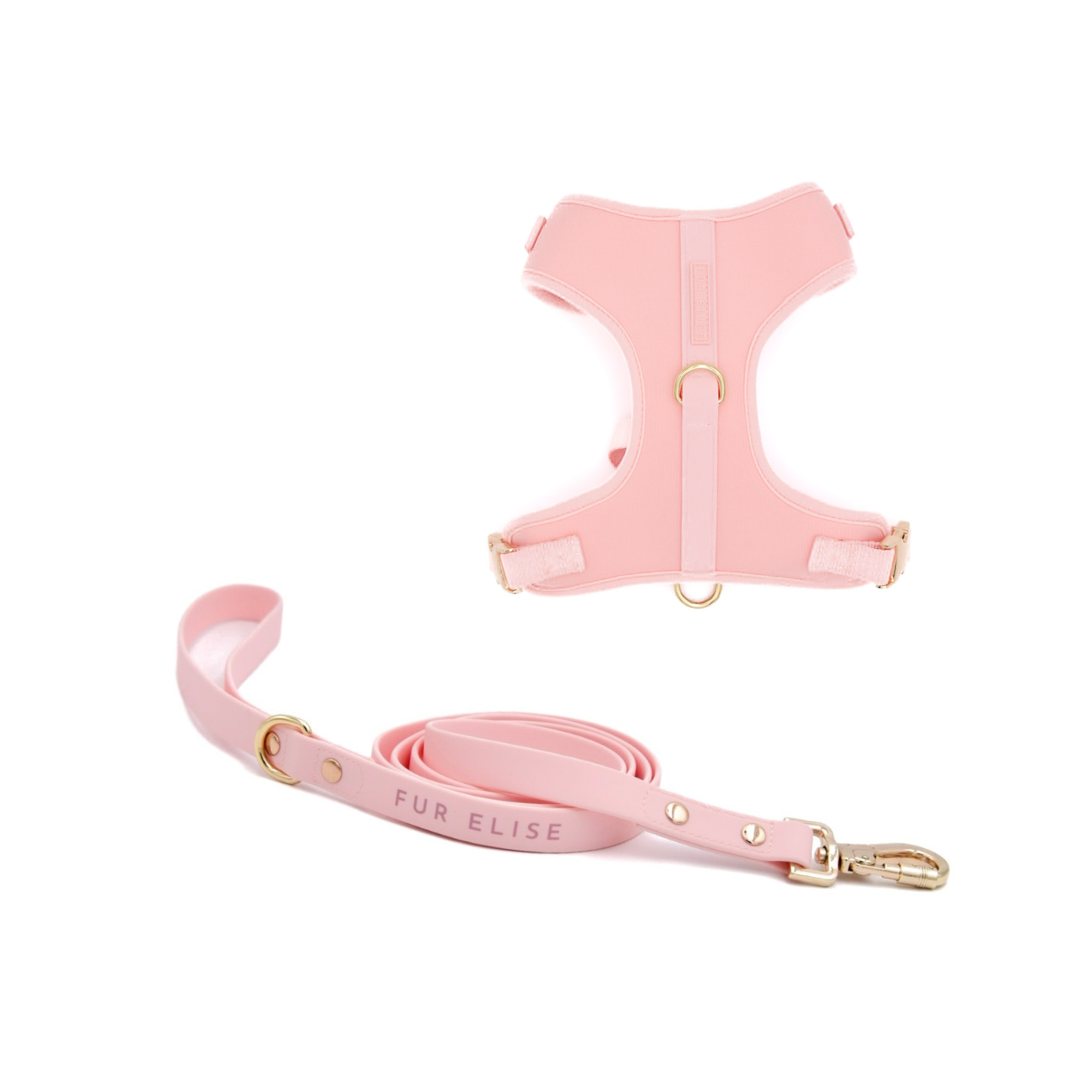 Pink dog harness and leash set with 'FUR ELISE' branding on a white background