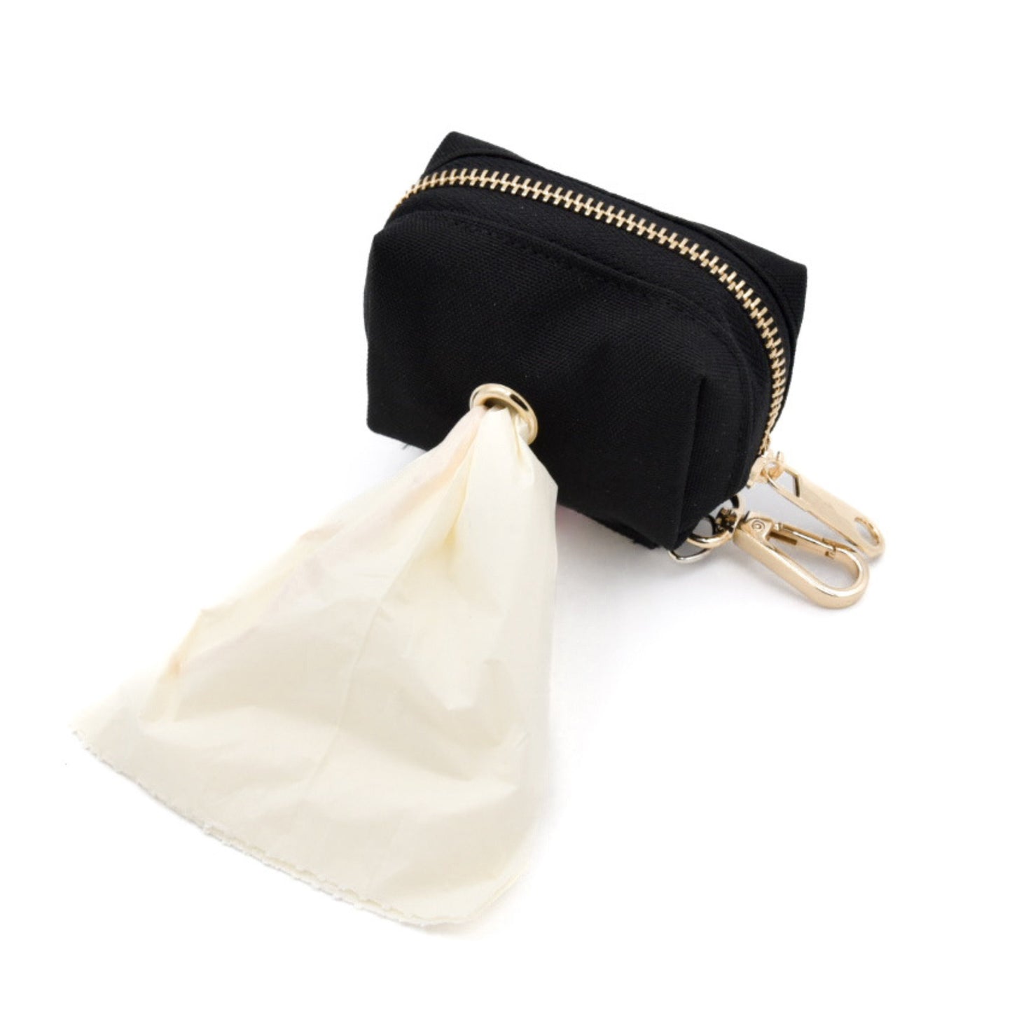 Black pouch with gold zipper and matching keychain on a white background