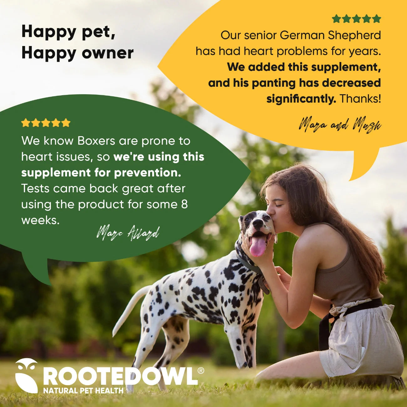 Woman kissing a Dalmatian dog with text about using Rootedowl supplement for heart issues.