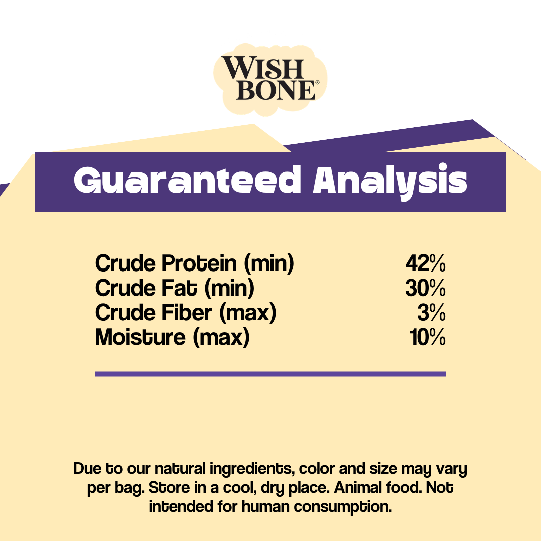 Wish Bone Guaranteed Analysis label with nutritional information on a beige background