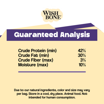 Wish Bone Guaranteed Analysis label with nutritional information on a beige background