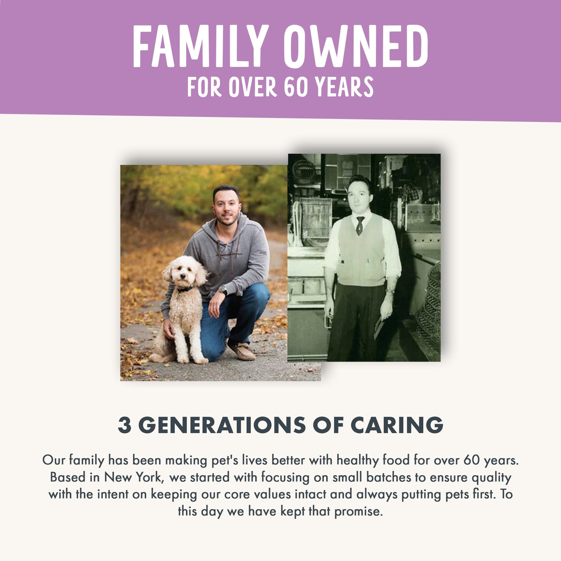 Advertisement for a pet food brand with two generations of a family and a dog, set against a purple and white background.