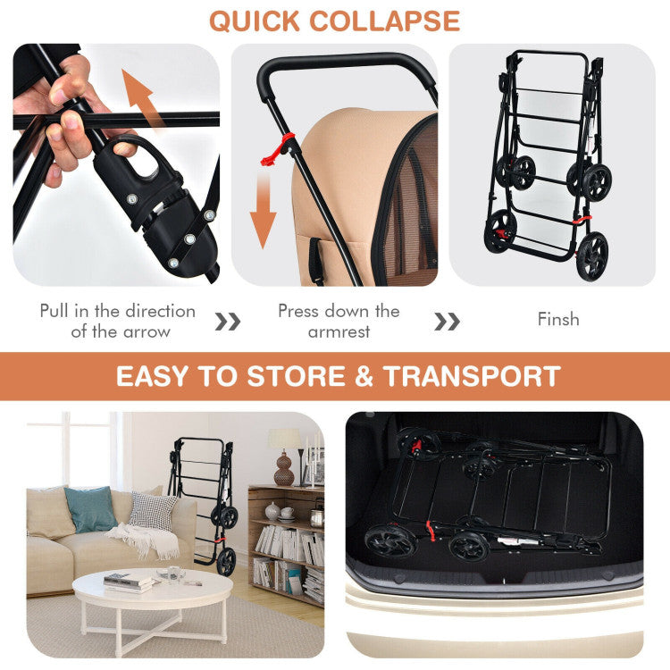 Collapsible cart with instructions on how to collapse and store it, shown in a living room setting.