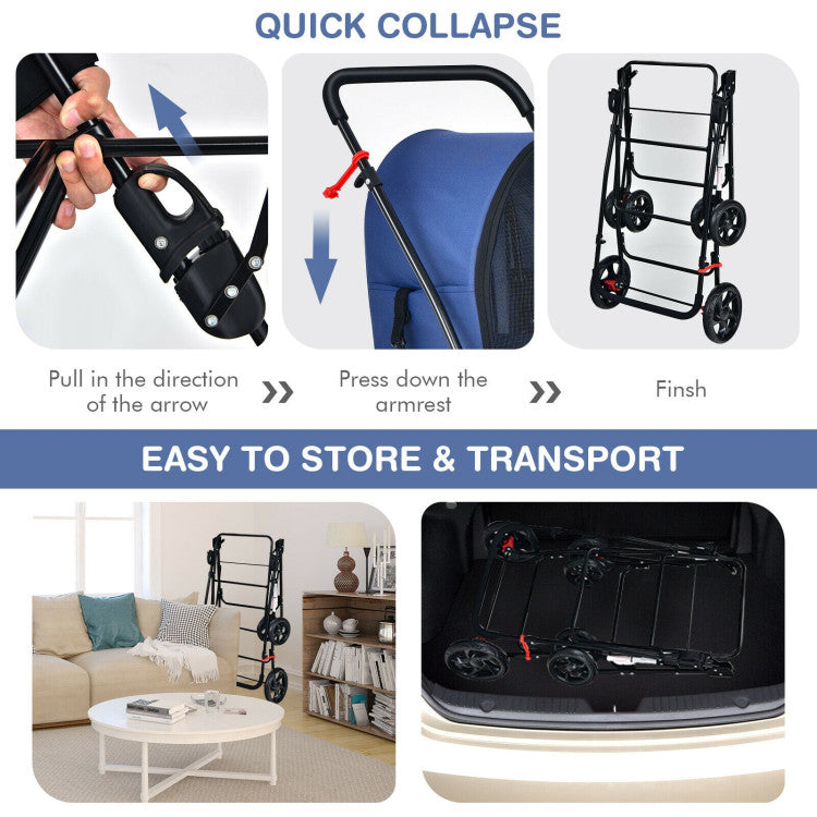 Collapsible shopping cart with instructions on how to collapse and store it, shown in a living room setting.