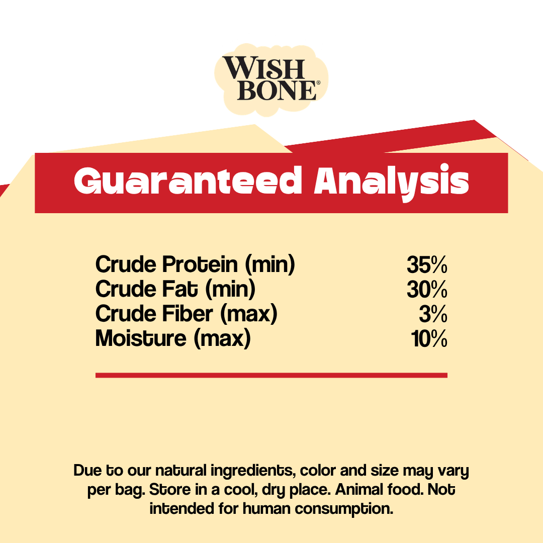 Wish Bone Guaranteed Analysis label with nutritional information on a beige background