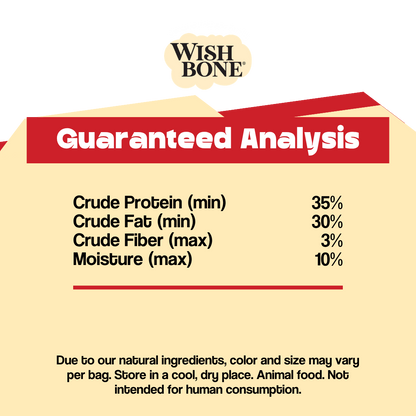 Wish Bone Guaranteed Analysis label with nutritional information on a beige background