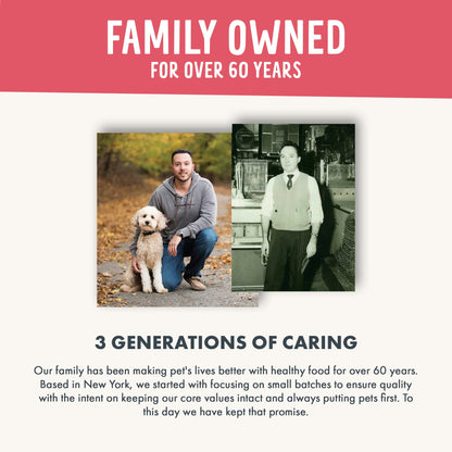 Advertisement for a pet food brand with two generations of a family and a dog, set against a red and white background.