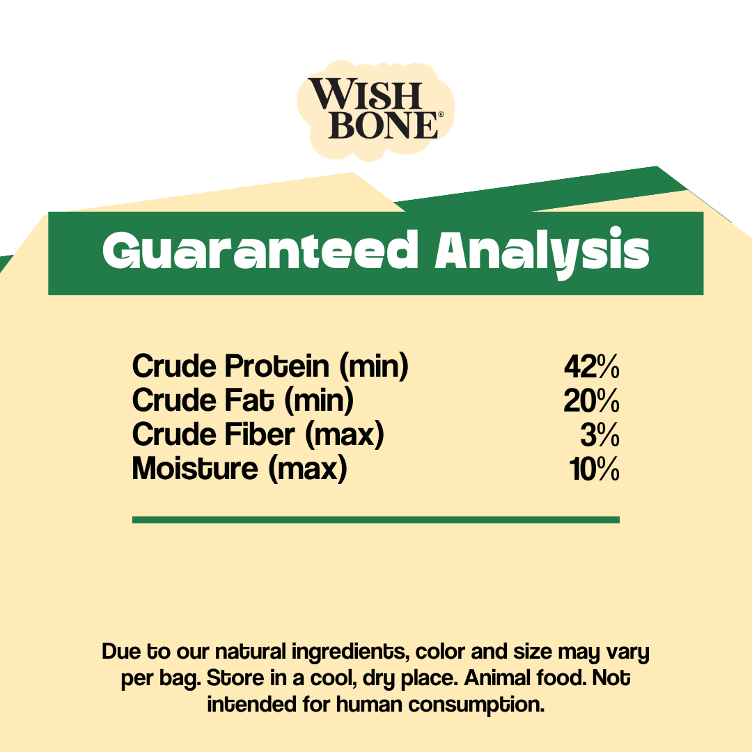 Wish Bone Guaranteed Analysis label with nutritional information on a beige background