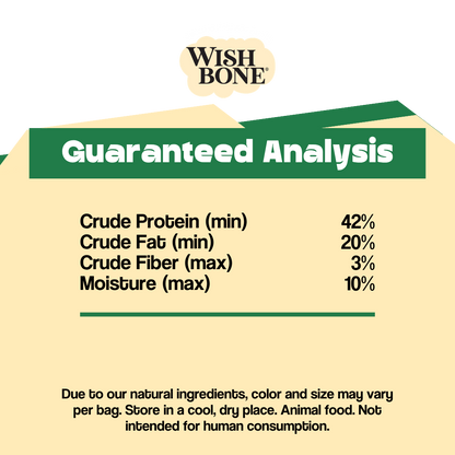 Wish Bone Guaranteed Analysis label with nutritional information on a beige background