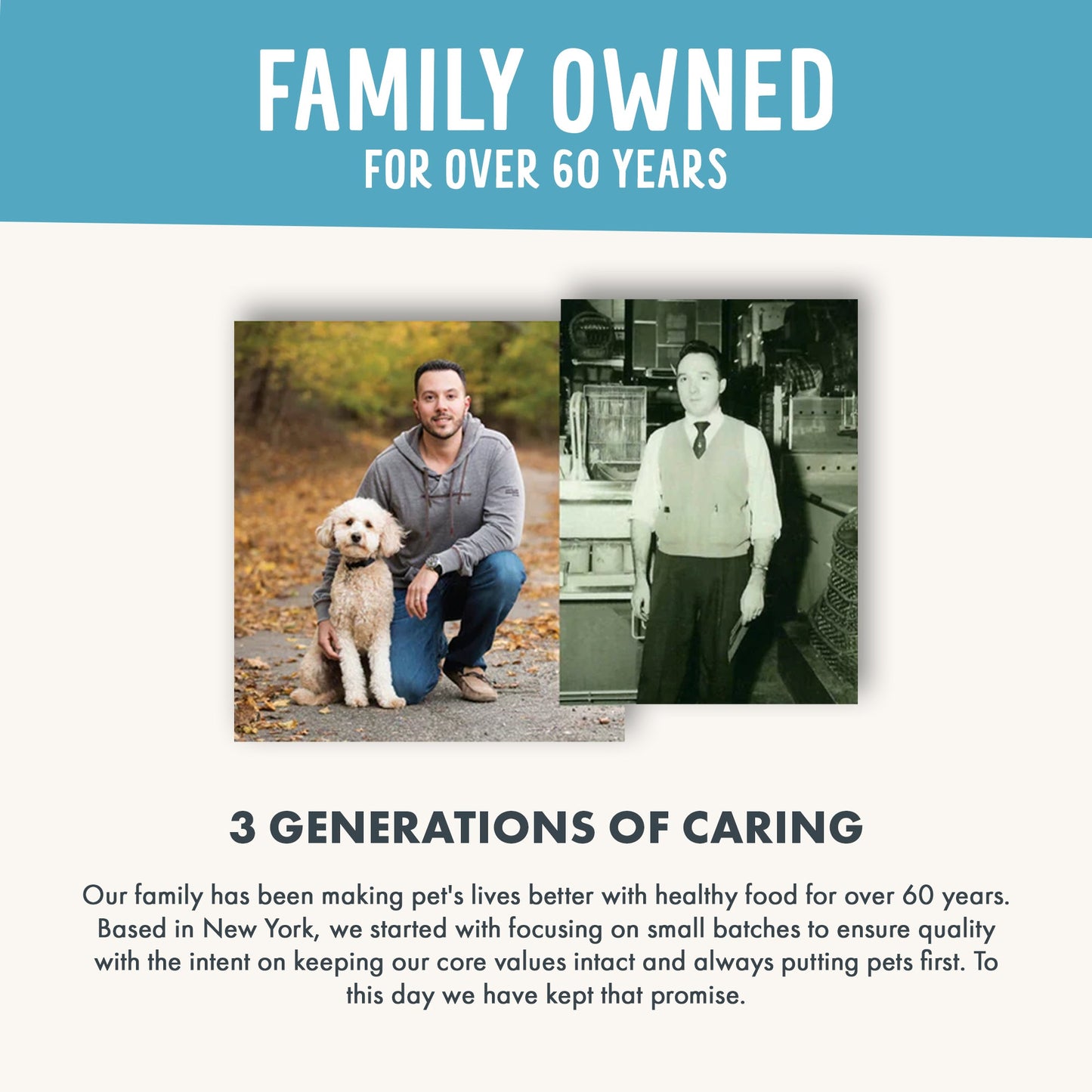 Advertisement for a pet food brand with two generations of a family and a dog, set against a blue and white background.
