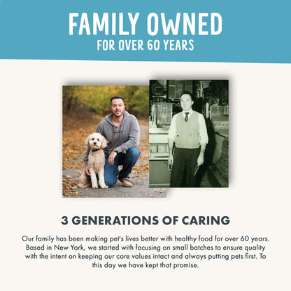 Advertisement for a pet food brand with two generations of a family and a dog, set against a blue and white background.