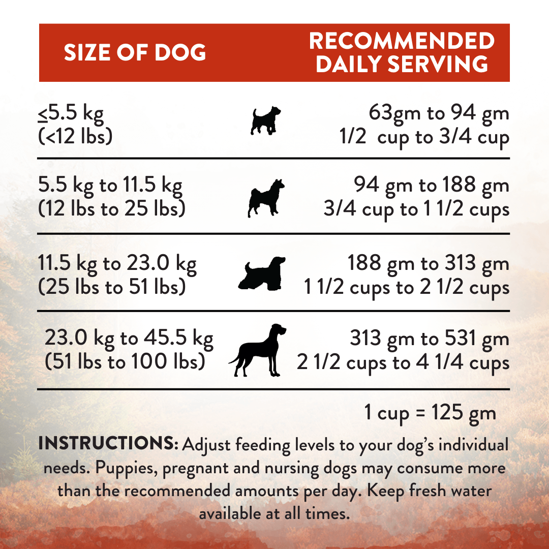 Dog food serving size chart based on dog's weight