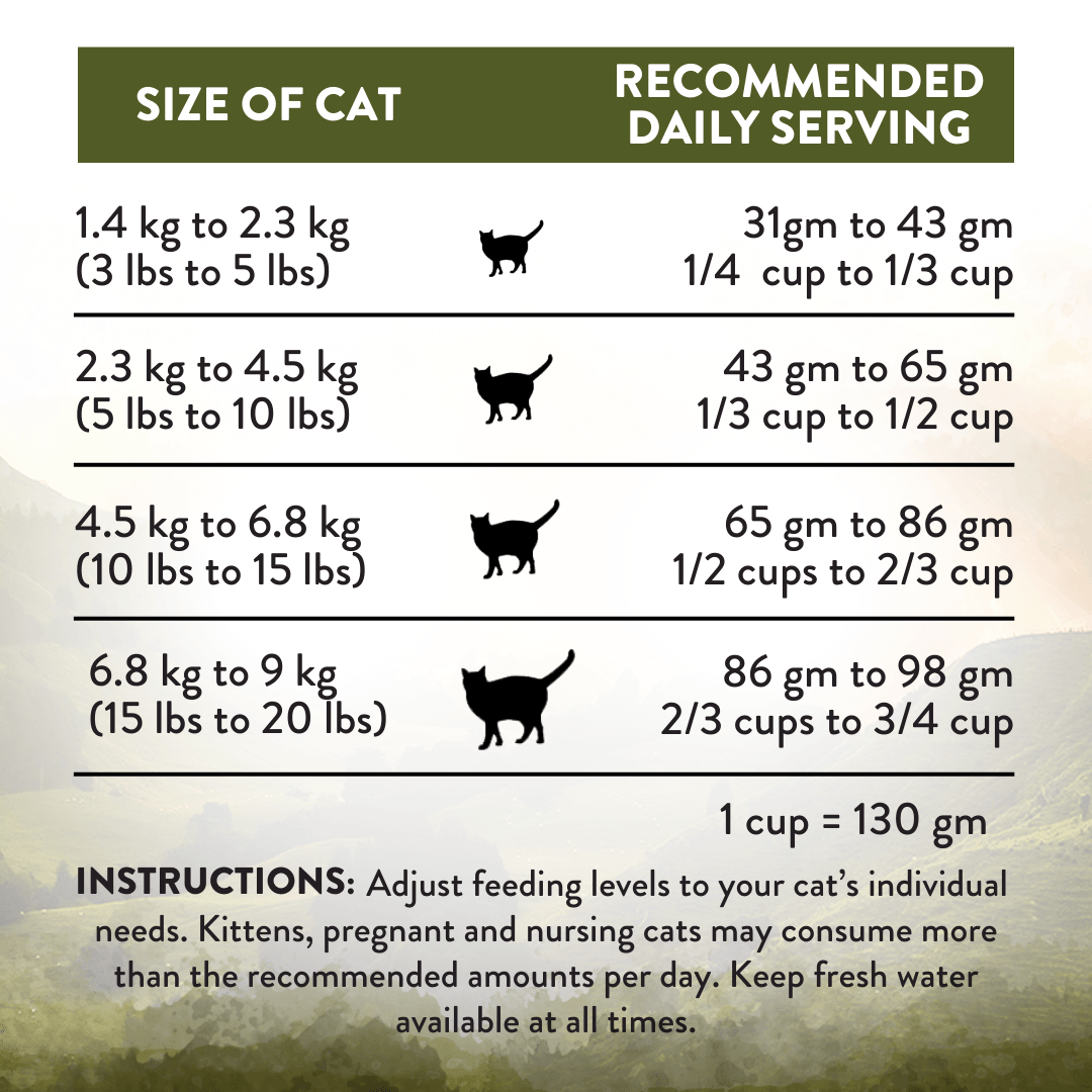 Cat food serving size chart with recommended daily servings for different cat weights.