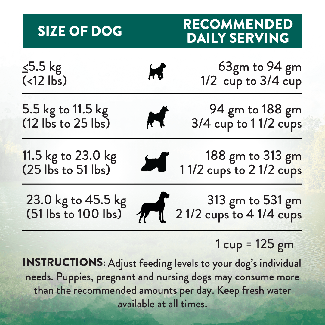 Dog food serving size chart based on dog's weight