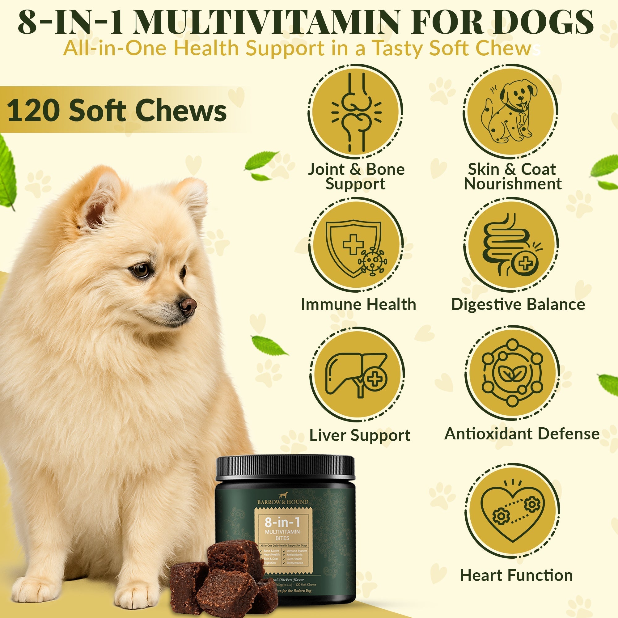 8-in-1 Multivitamin for dogs with a dog and product on a light background