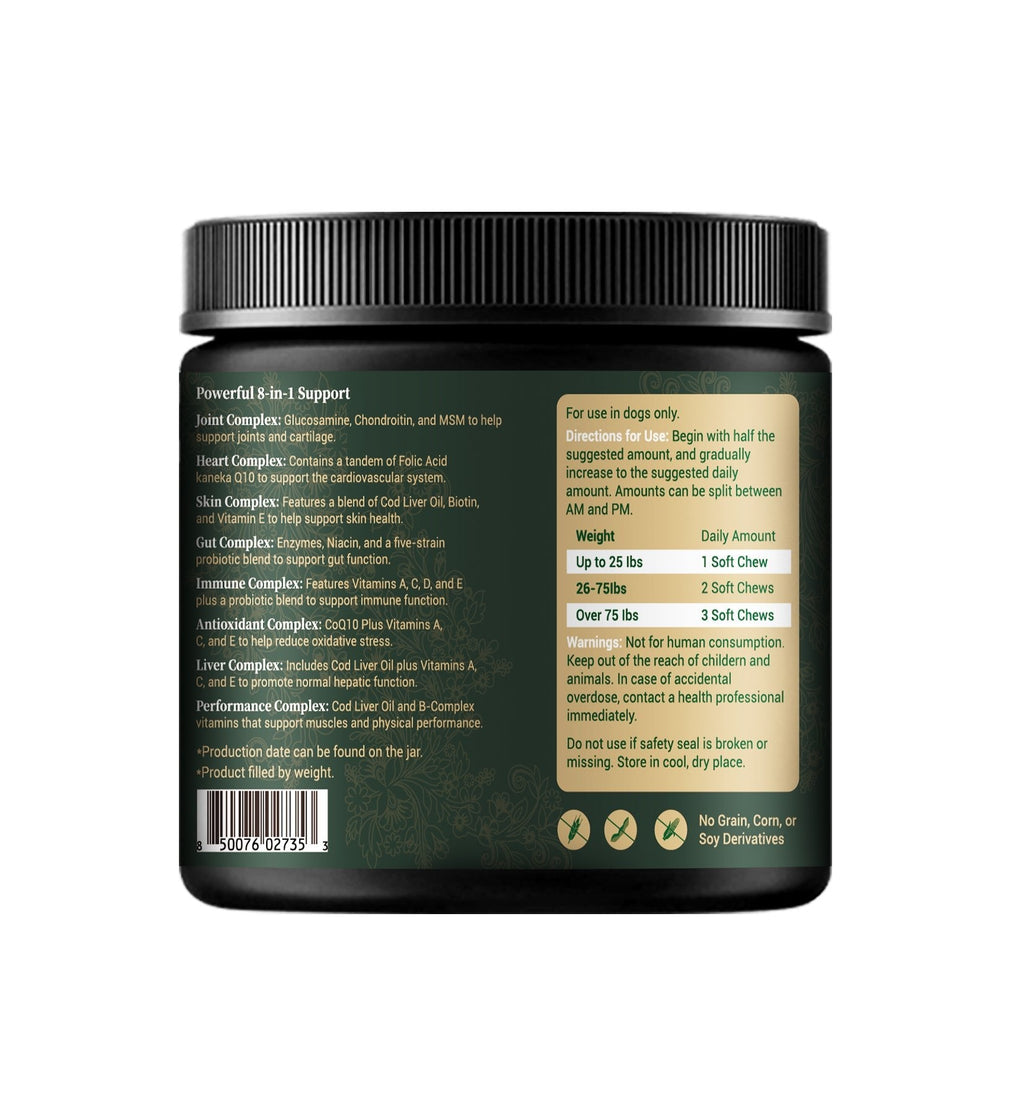Back label of a supplement jar with text and product details on a white background