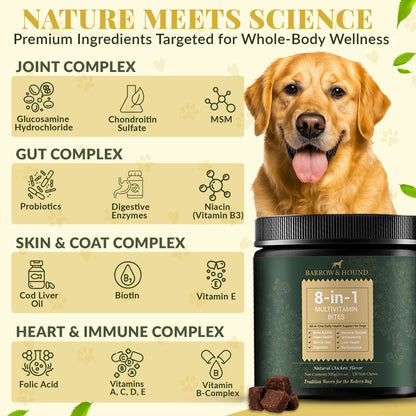 Dog supplement product with ingredients listed for joint, gut, skin & coat, and heart & immune complexes.
