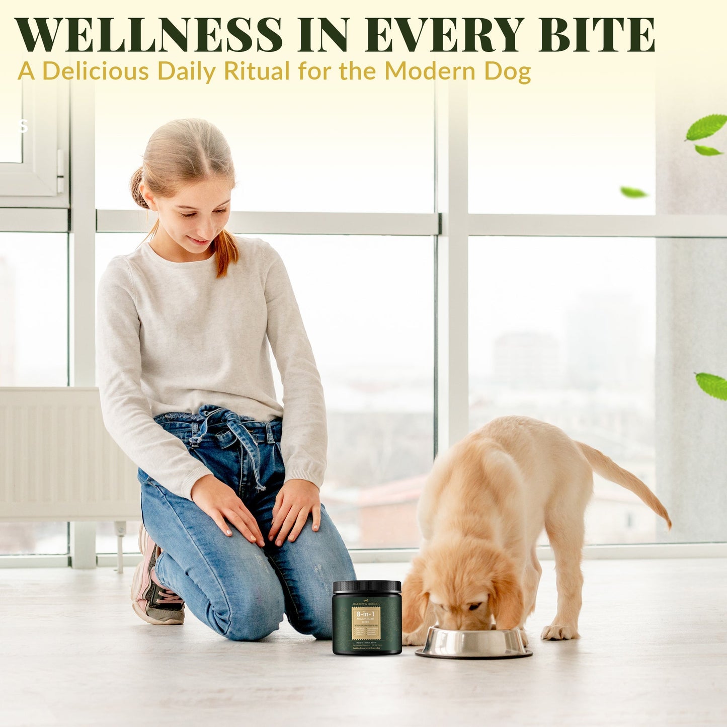 Woman and dog with a bowl and candle on a light wooden floor.