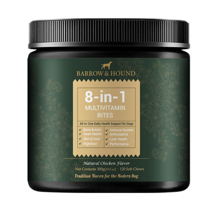 Container of Barrow & Hound 8-in-1 Multivitamin Bites for dogs on a white background