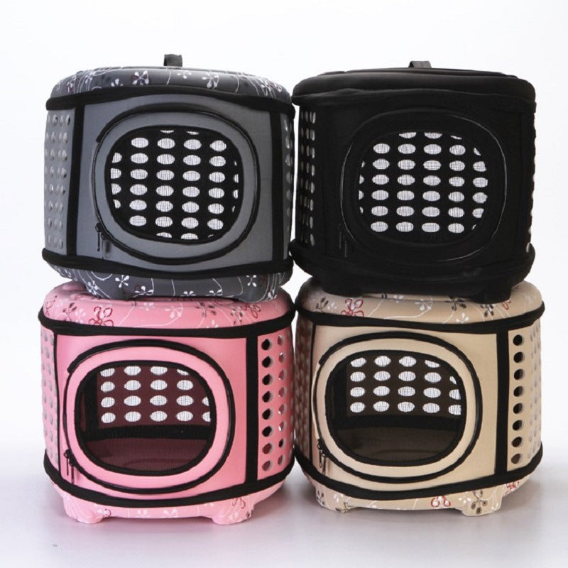 Four pet carriers with different color patterns on a white background