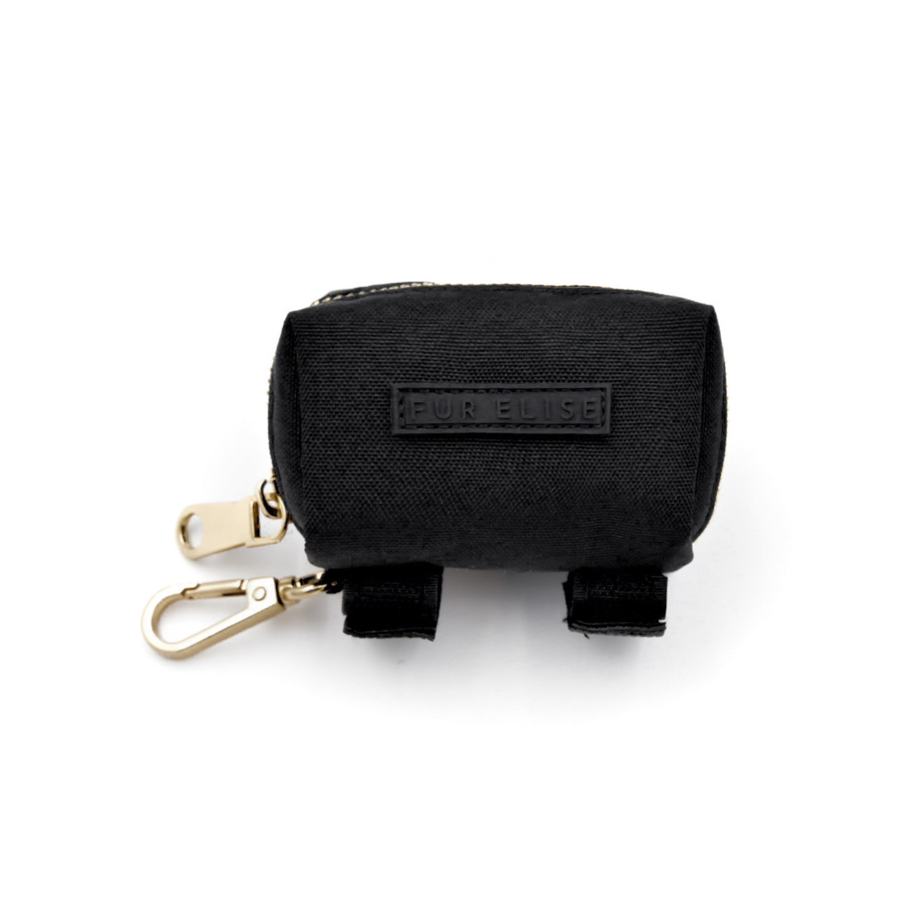 Black pouch with gold zipper and clasp on a white background