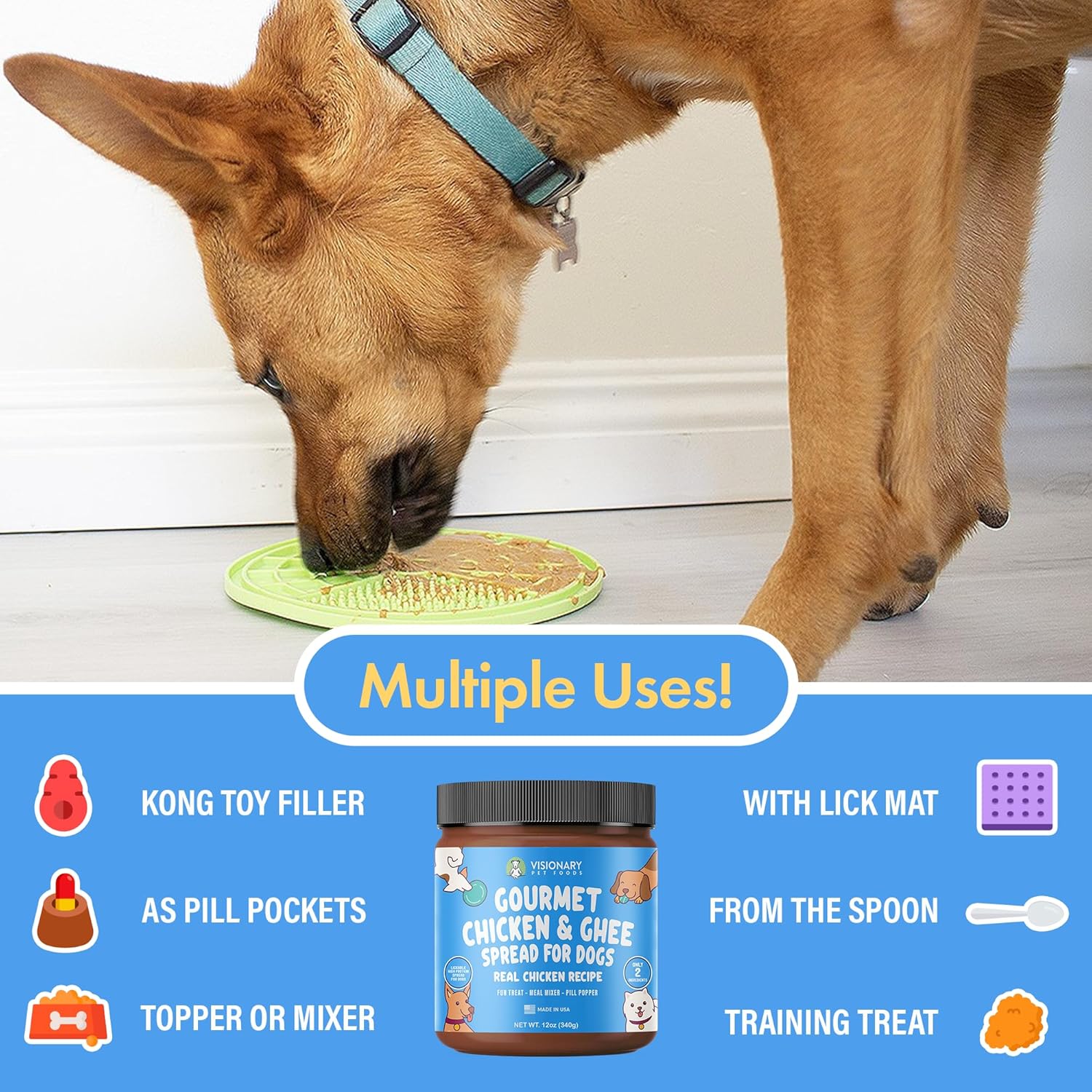 Dog eating from a lick mat with product packaging and uses listed below.