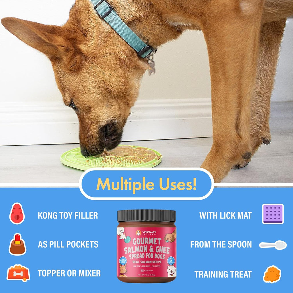 Dog eating from a lick mat with product information below