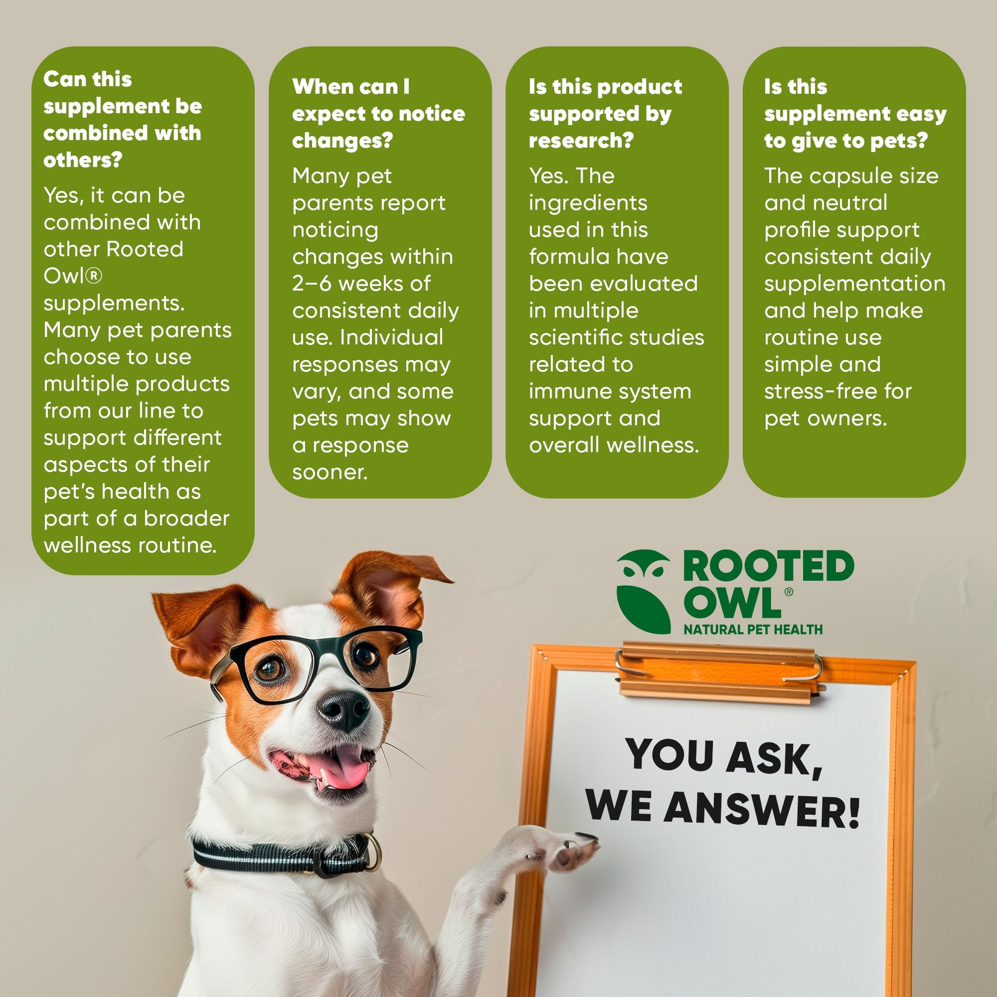 Dog wearing glasses holding a sign with 'Rooted Owl' branding and product information.