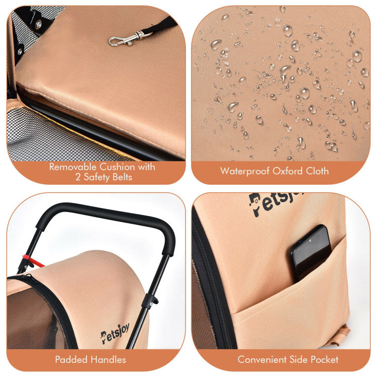Collage of features including removable cushion, waterproof fabric, padded handles, and side pocket on a beige product.
