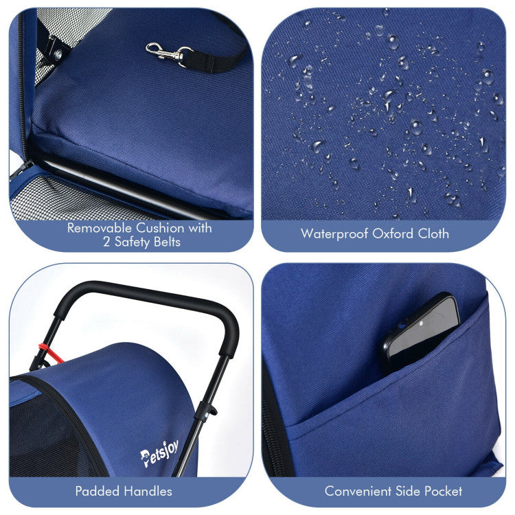 Collage of features including a removable cushion with safety belts, waterproof Oxford cloth, padded handles, and a convenient side pocket on a blue pet stroller.