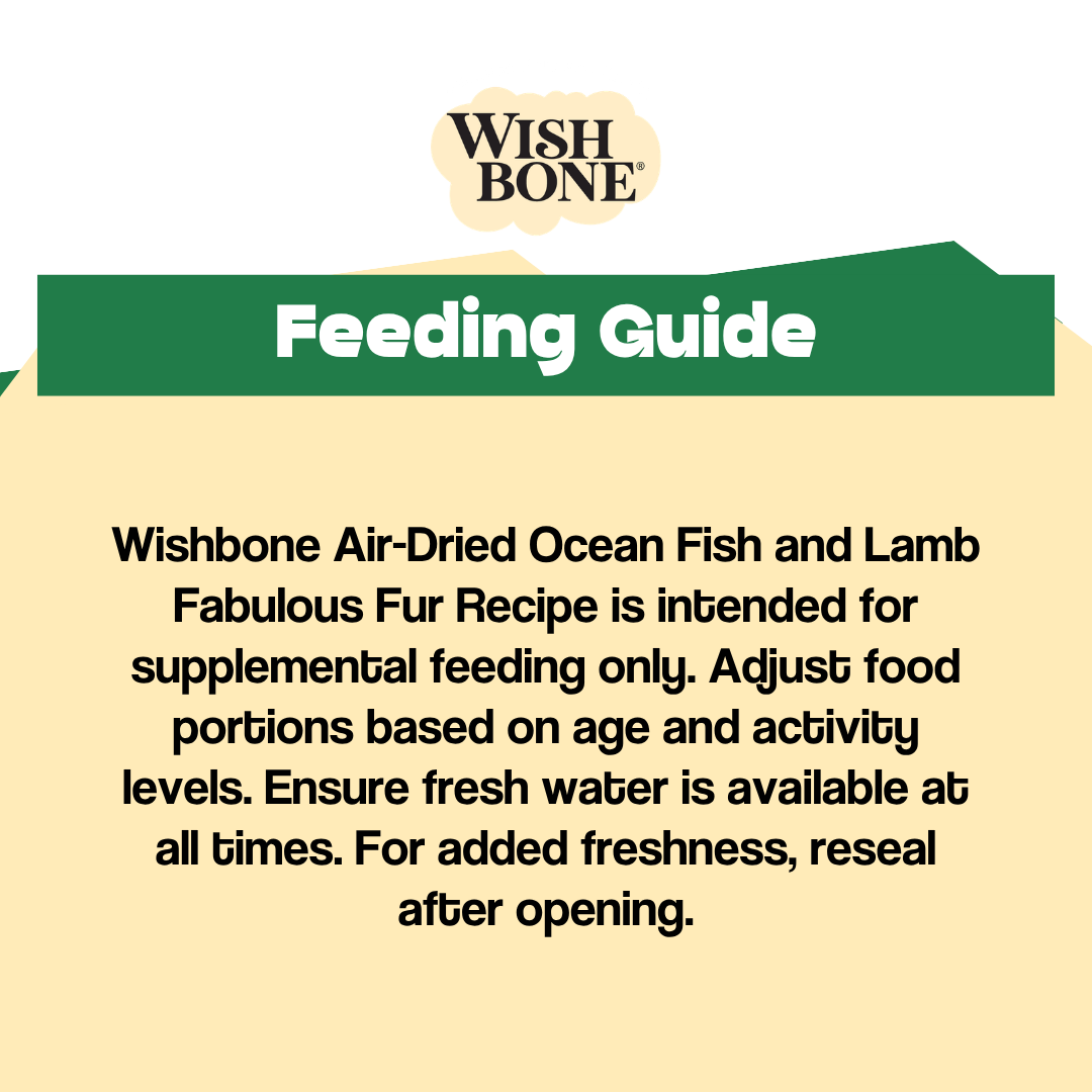 Wishbone Feeding Guide for Wishbone Air-Dried Ocean Fish and Lamb product on a beige background