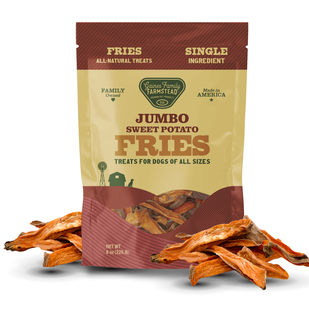 Package of Jumbo Sweet Potato Fries dog treats with visible treats on a white background