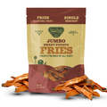Package of Jumbo Sweet Potato Fries dog treats with visible treats on a white background