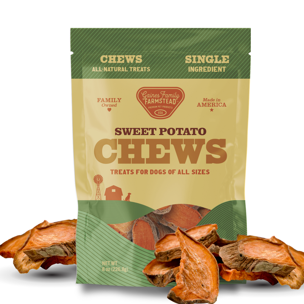 Package of sweet potato chews for dogs with visible treats on a white background