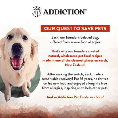 Advertisement for Addiction Pet Foods featuring a dog and text about the brand's mission.