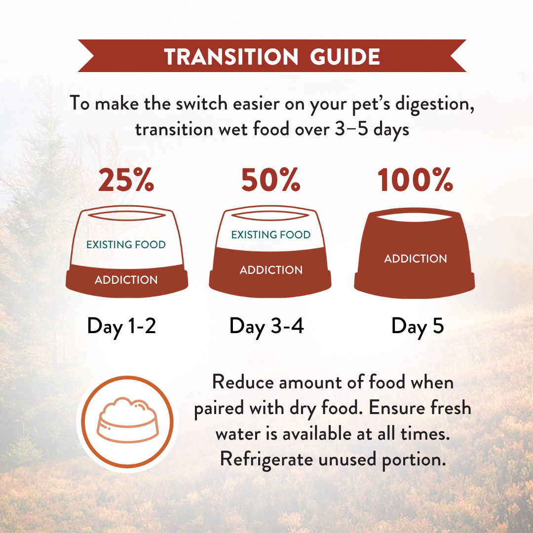 Transition guide for pet food switch with three stages on a textured background