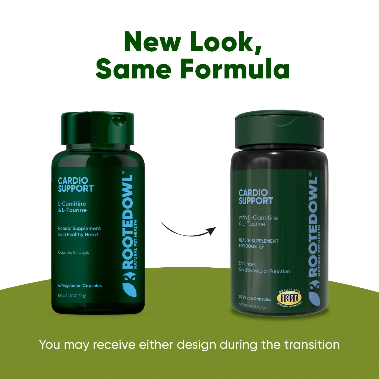 Two bottles of Rooted Owl Cardio Support supplement on a green background with text indicating a new look and same formula.