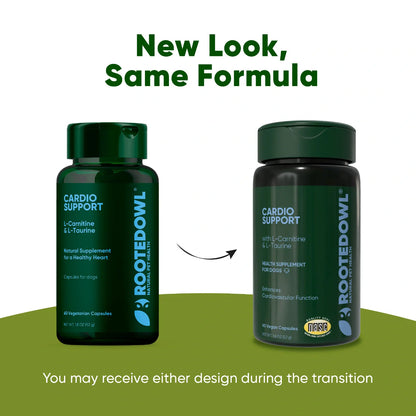 Two bottles of Rooted Owl Cardio Support supplement on a green background with text indicating a new look and same formula.