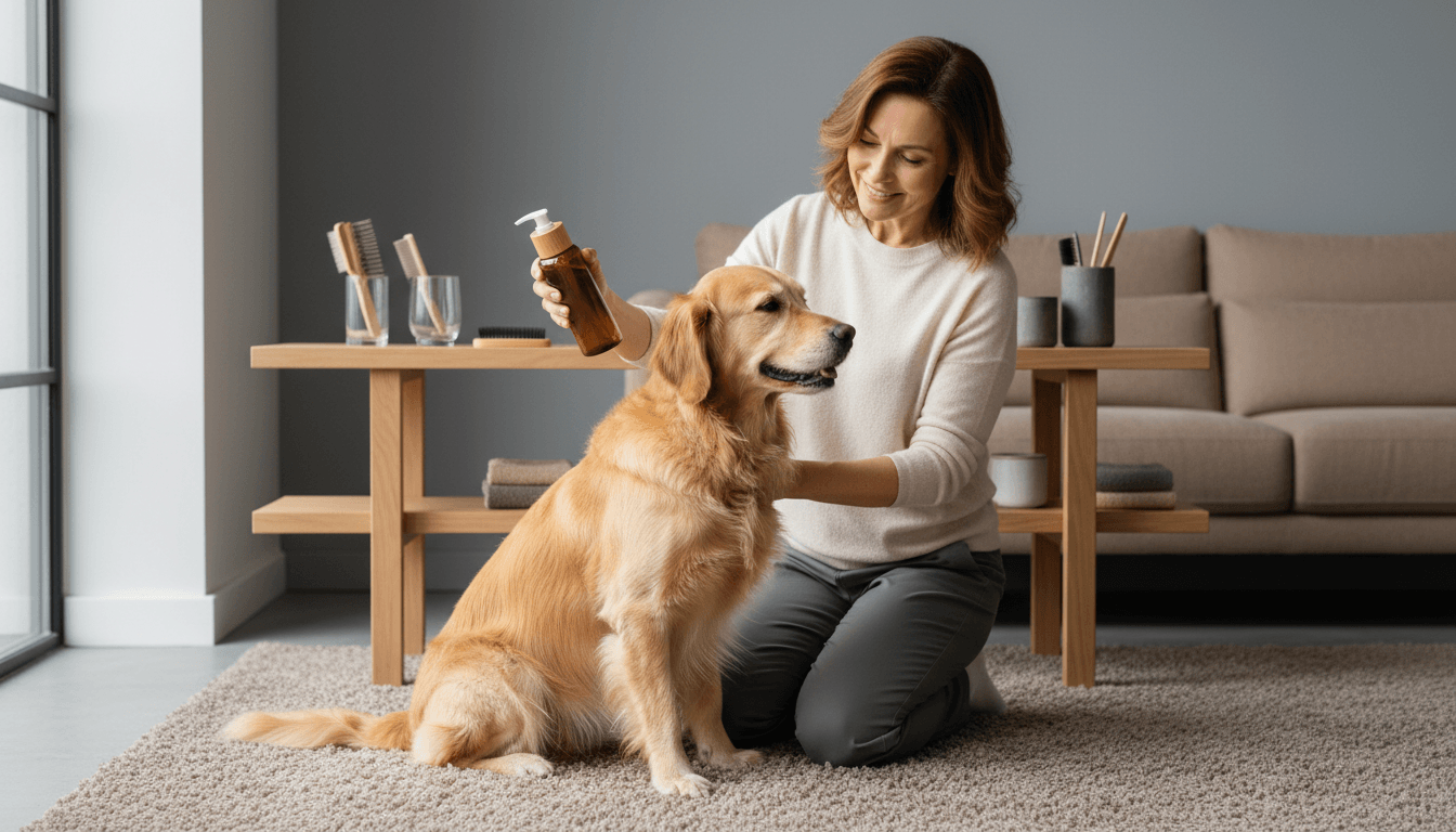 Woman with a dog in a living room, holding a bottle of treats.