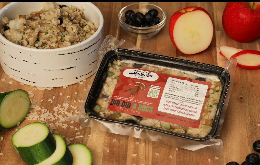 Tasty Turkey meal packs from the Din Din 4 Dogs 24 meal turkey case