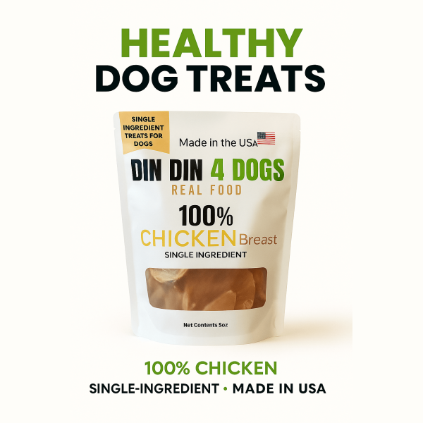 Package of 'Din Din 4 Dogs' healthy dog treats made with 100% chicken breast on a white background.